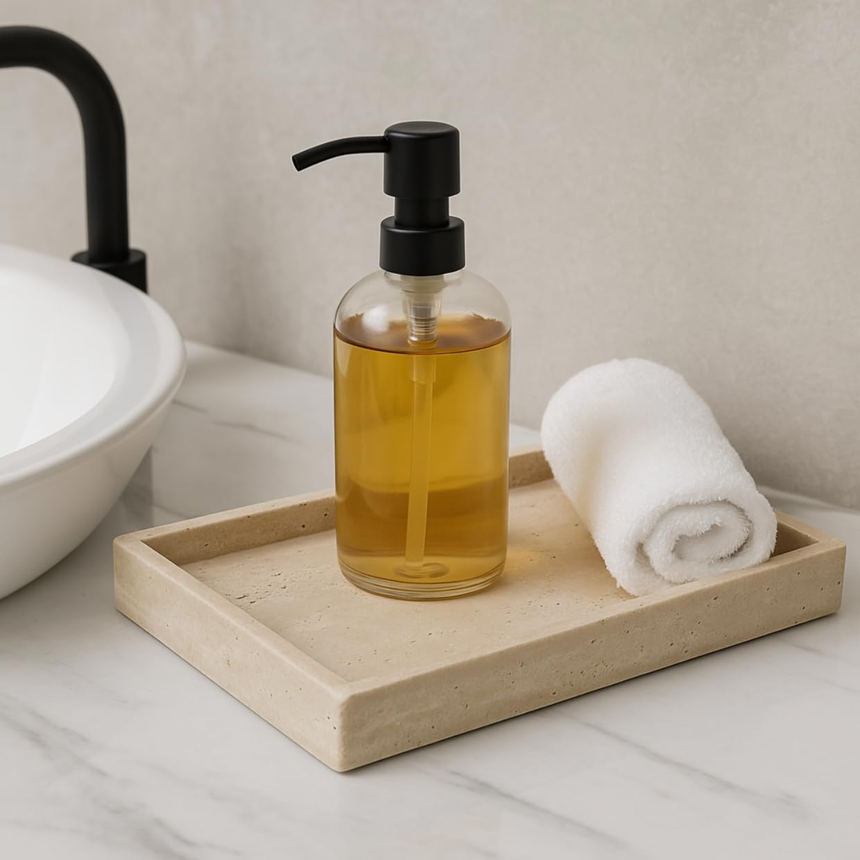 Kalu Creations Bandeja de Travertino Natural 30 x 20 x 3 cm | Elegante bandeja rectangular de almacenamiento, base para baño, cocina, salón y mesa | Diseño artesanal Made in Italy