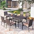 PHI VILLA 7 Pieces Expandable Cast Aluminum Outdoor Dining Set for 6, Extendable Metal Table with Umbrella Hole & Cushioned Wicker Chairs, Dining Furniture Set for Patio, Deck, Yard and Porch