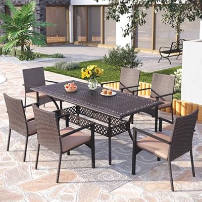 PHI VILLA 7 Pieces Expandable Cast Aluminum Outdoor Dining Set for 6, Extendable Metal Table with Umbrella Hole & Cushioned Wicker Chairs, Dining Furniture Set for Patio, Deck, Yard and Porch