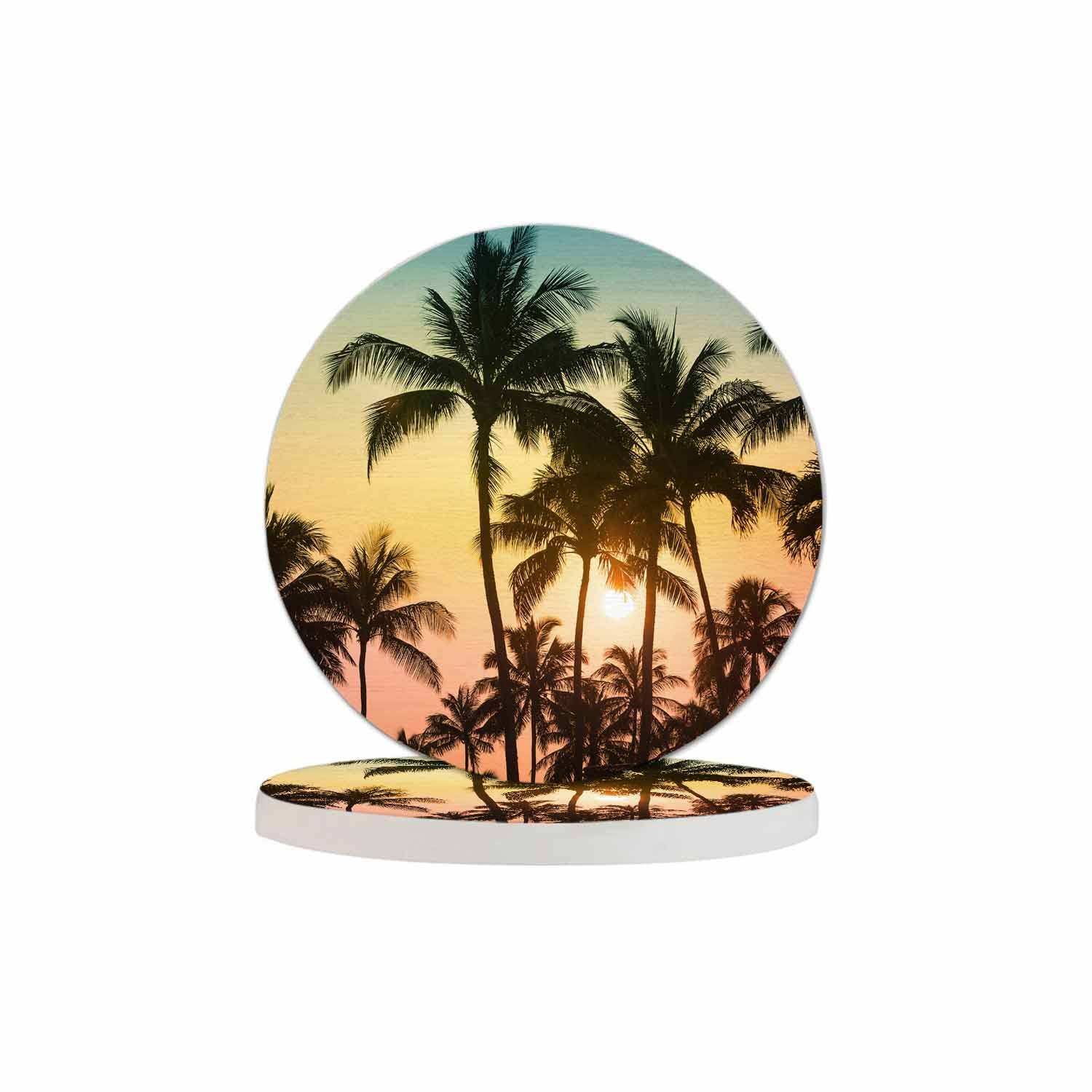 Pznen Tropical Island Sunset Coasters for Drinks Beautiful Nature Landscape Sunrise Dusk Scenery Palm Tree for Tabletop Protection Coffee Table Living