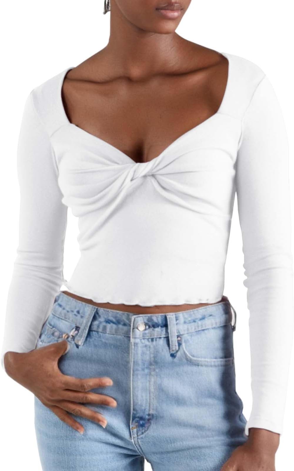 Women's Blouses & Shirts Style Solid Color Long Sleeve Knotted Low V Neck T Shirt Slim Fit Sexy Top Stylish T Shirt Women Ladies Soft Comfy Classic-Fit Dressy Casual Tops for Work Office