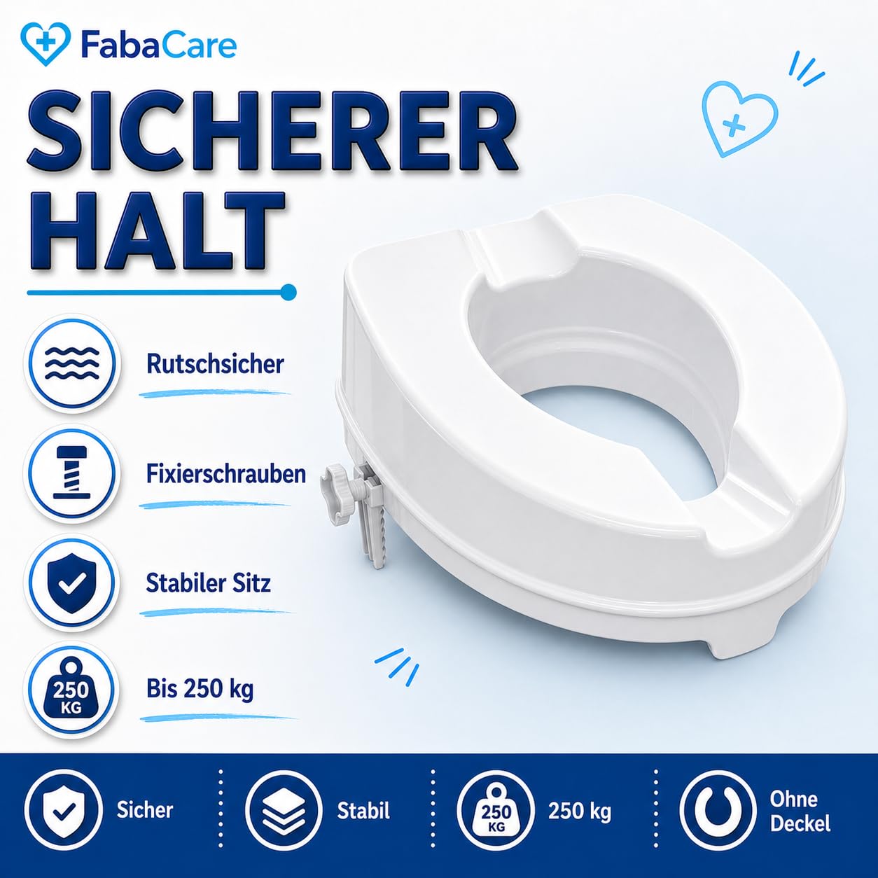 FabaCare Toilettensitzerhöhung Smart 10 cm ohne Deckel, 250 kg belastbar | WC-Erhöhung mit Hygieneausschnitt, Fixierschrauben und rutschsicherem Toilettenaufsatz