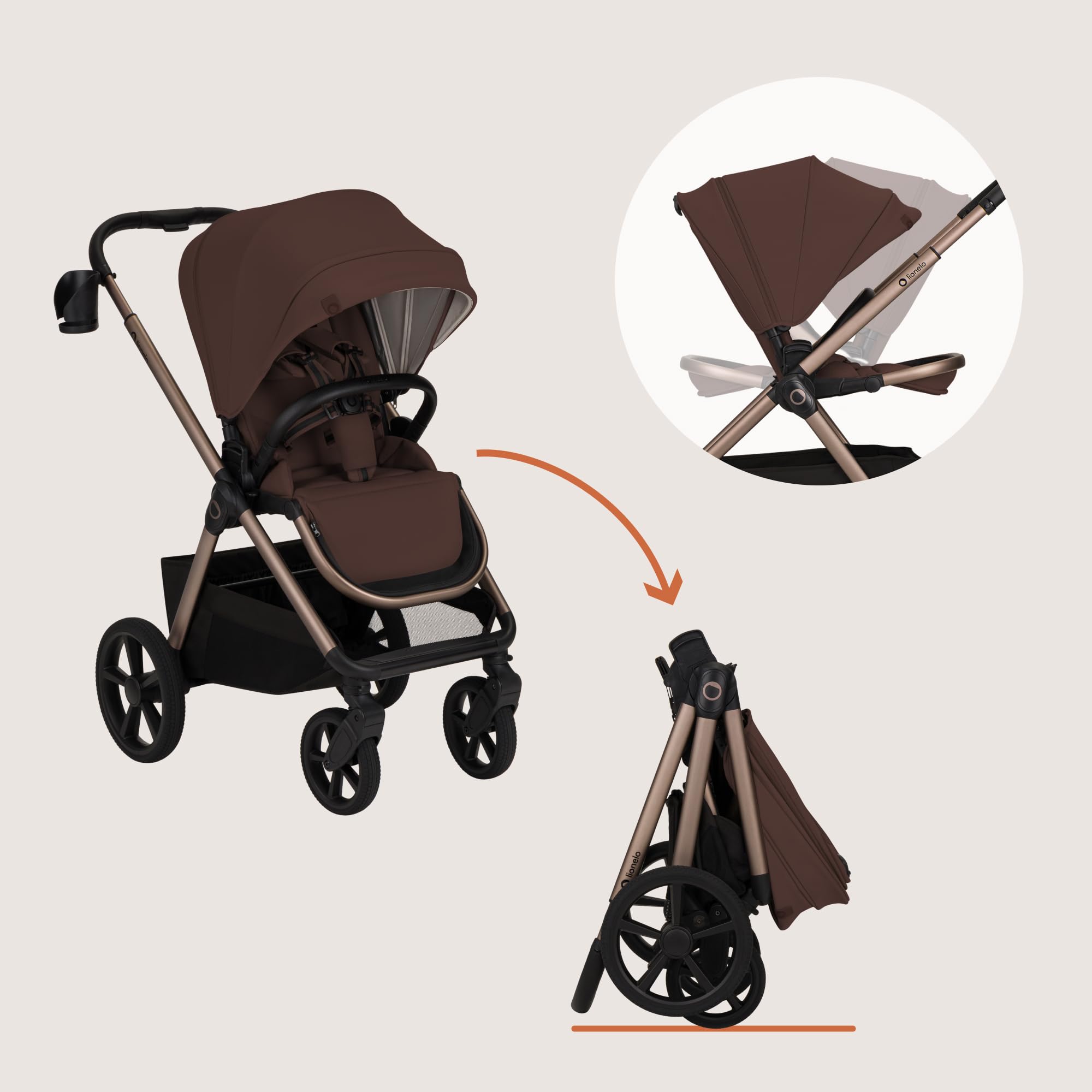 LIONELO Carmine Passeggino Trio 3 in 1 per Bambini 0-4 Anni fino a 22 kg | Sistema Modulare Pieghevole, Navicella Portatile e Seggiolino Auto Ovetto, Ruote GravelTech, Ammortizzazione, Cappottina XXL