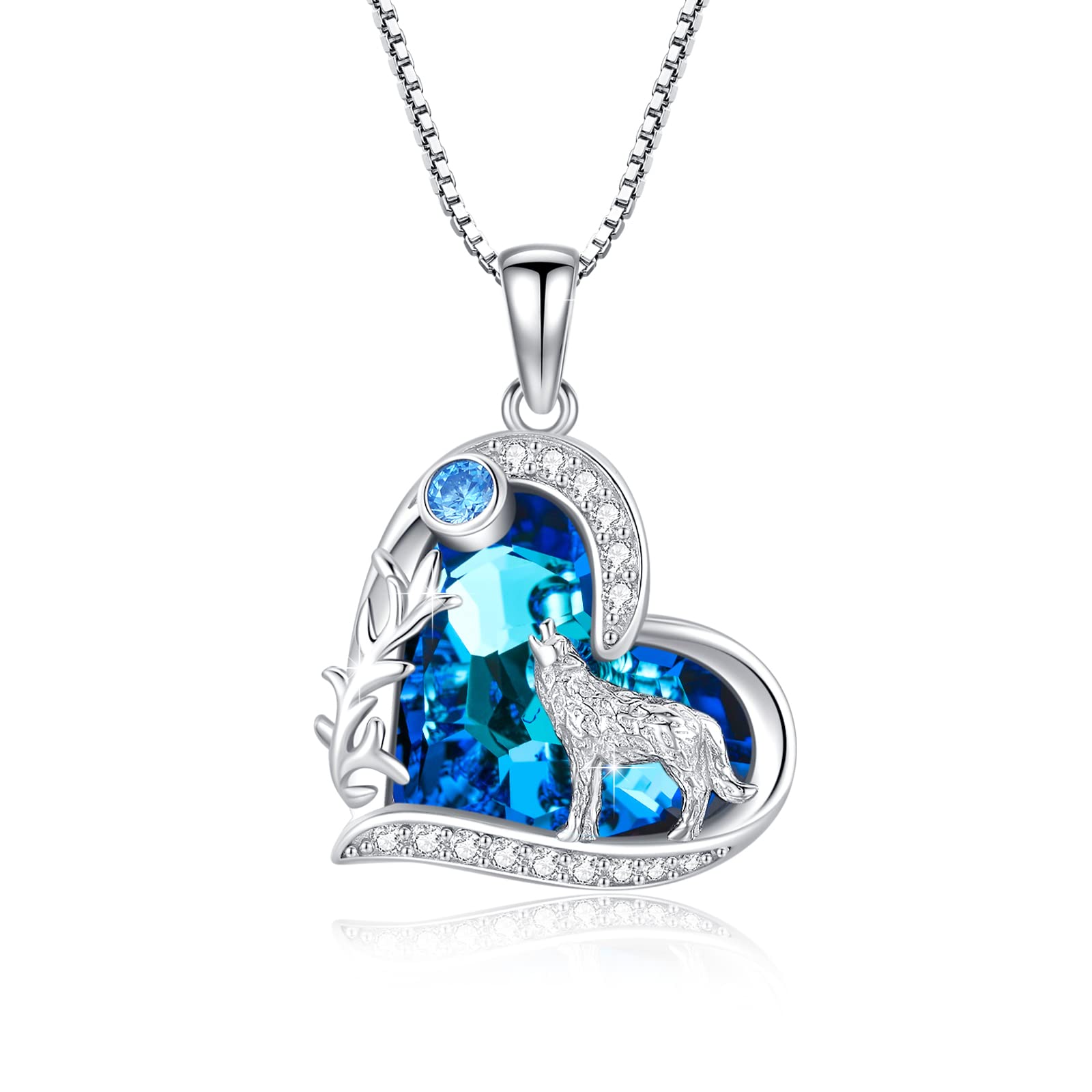 Wolf Kette Sterling Silber Liebesherz Wolf Kristall Halskette Wolf Anhänger Geschenke Weihnachts für Damen Teenager Mädchen（ Kette 18 Zoll + 2 Zoll ）