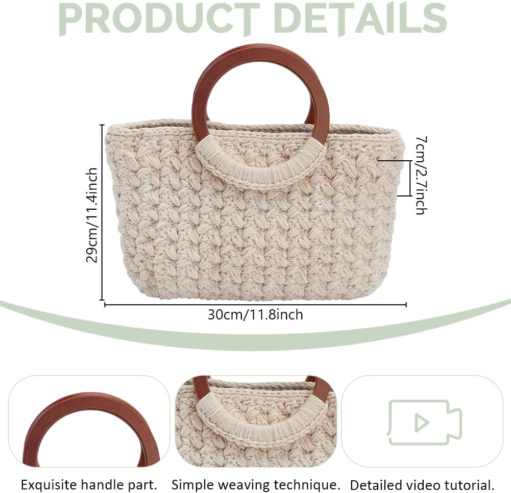ACRNIGHEET Crochet Bag Kit for Beginners Adults Tote Bag Knitting Kit with 2 Wooden Handles Boho DIY Craft Kits Gift for Adults with Video Guide Tutorial Crochet Starter Kit (Beige)