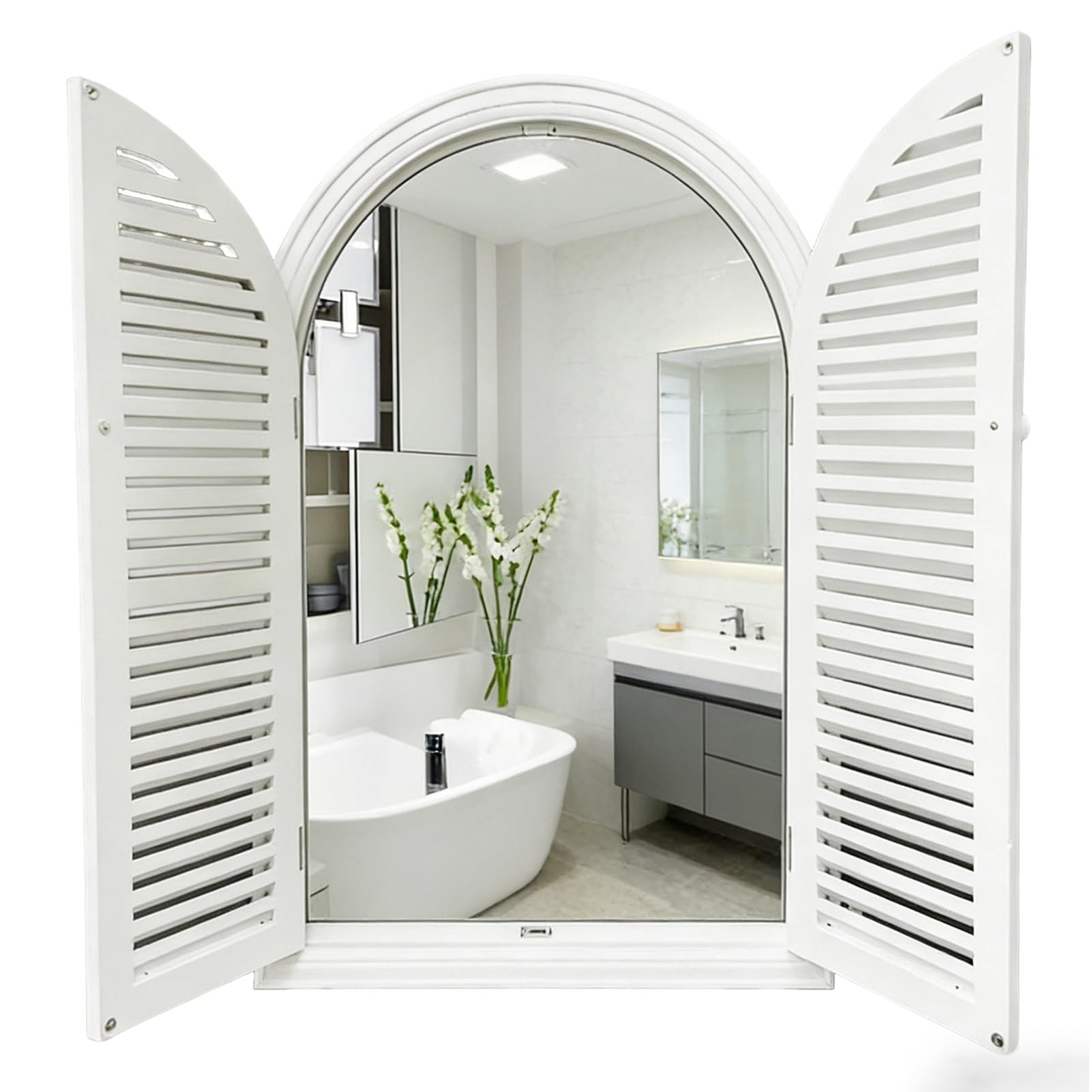 Rustic Arched Window Frame Wall Decor, Wooden Openable Faux Windows with Mirror, Breaker Box Decorative Cover for Home Bedroom Living Room Garden(White)