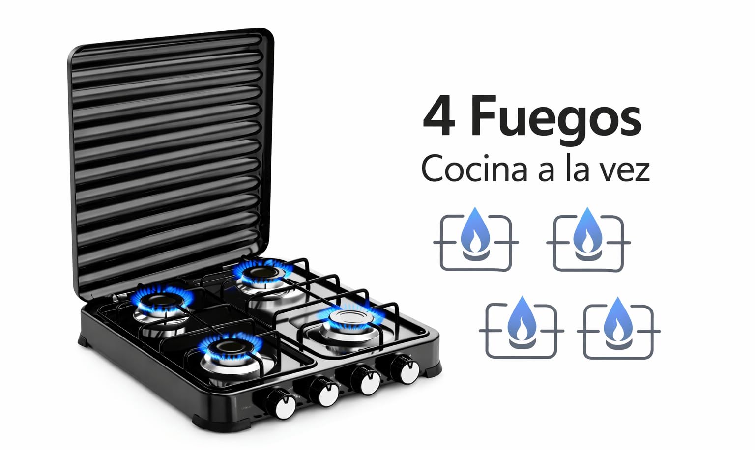Fornello a gas portatile 4 fuochi (4 bruciatori) 8,8 kW · Fornello da campeggio esterno · Per butano e propano · Coperchio apribile · Fiamma regolabile (4 fuochi)