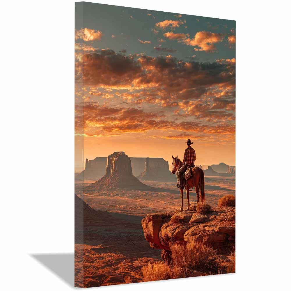 HOQIU Landscape wall art Cowboy Sunset Desert canvas art, art print, house decor, bedroom wall decor above bed, prints for living room.(Multicolor)-80x120cm Framed