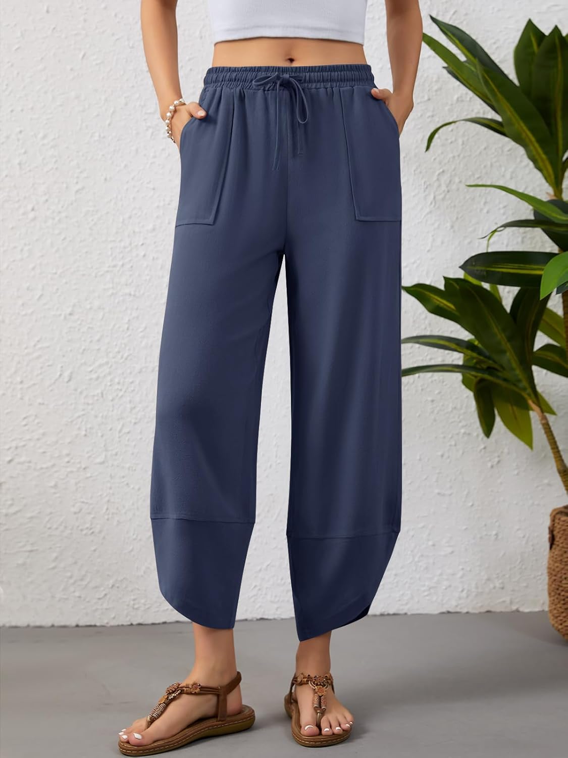 Women's Harem Cotton Linen Pants Wide Leg Capri Beach Pants Palazzo Cropped Drawstring Trousers with Pockets - Image 2
