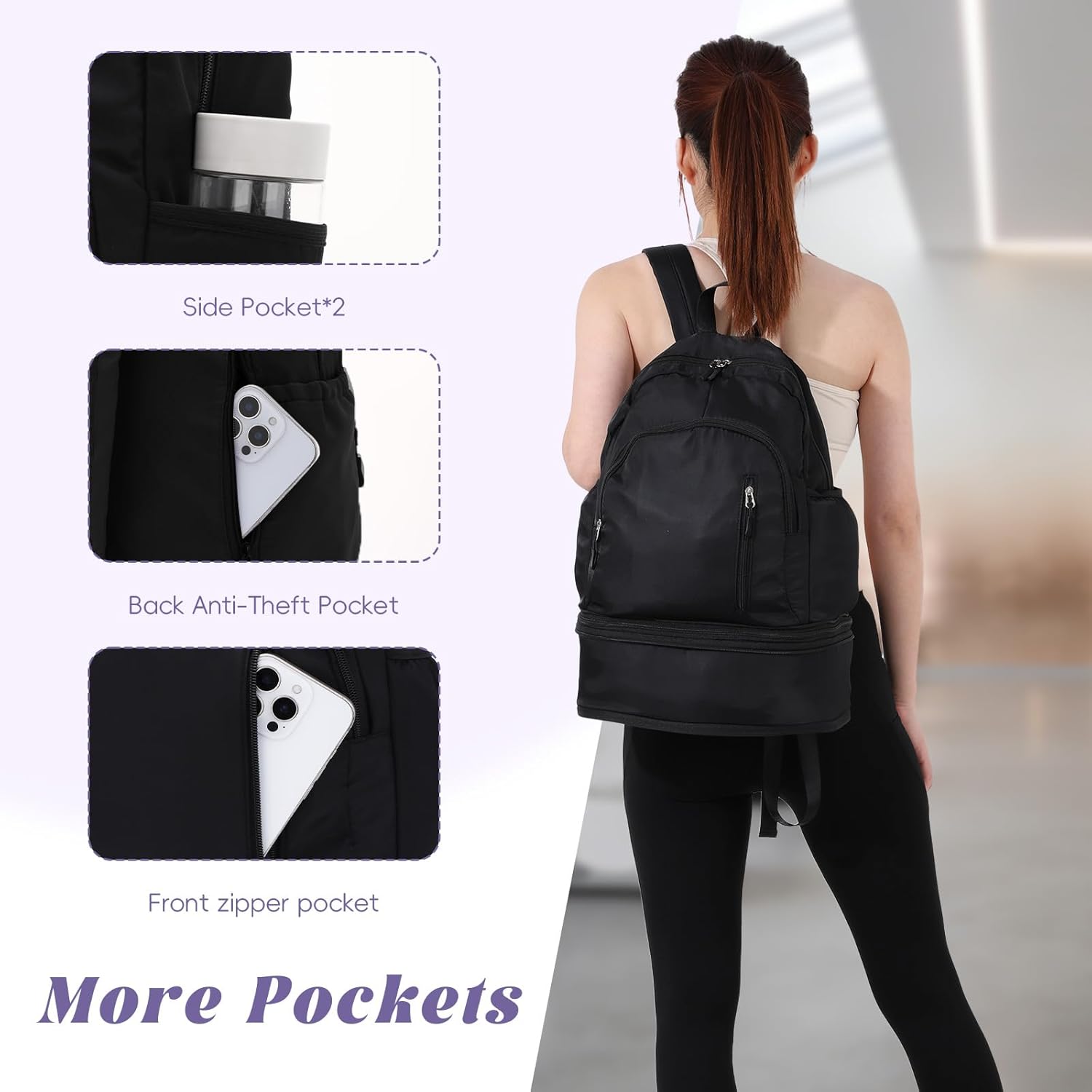 KUANG! Gym Backpack for Women Men Lightweight Casual Daypack with Shoe Compartment Waterproof Sports Yoga Backpack, Black