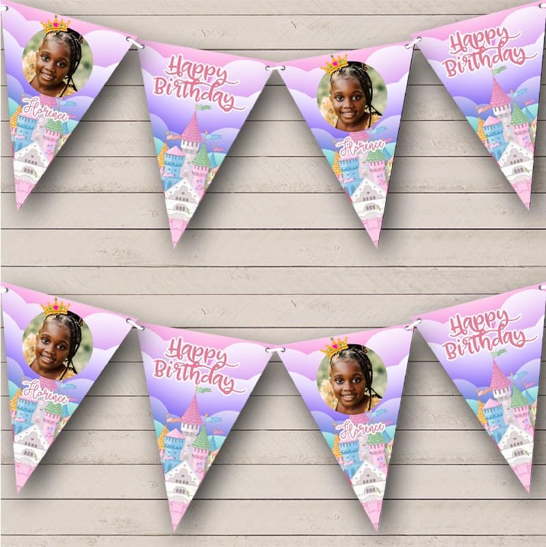 Colourful Magical Castle Princess Photo Personalised Any Age Kids Children's Birthday Party Bunting - Hanging Party Decoration - Birthday Party Banner Garland | Decorative Party Supplies