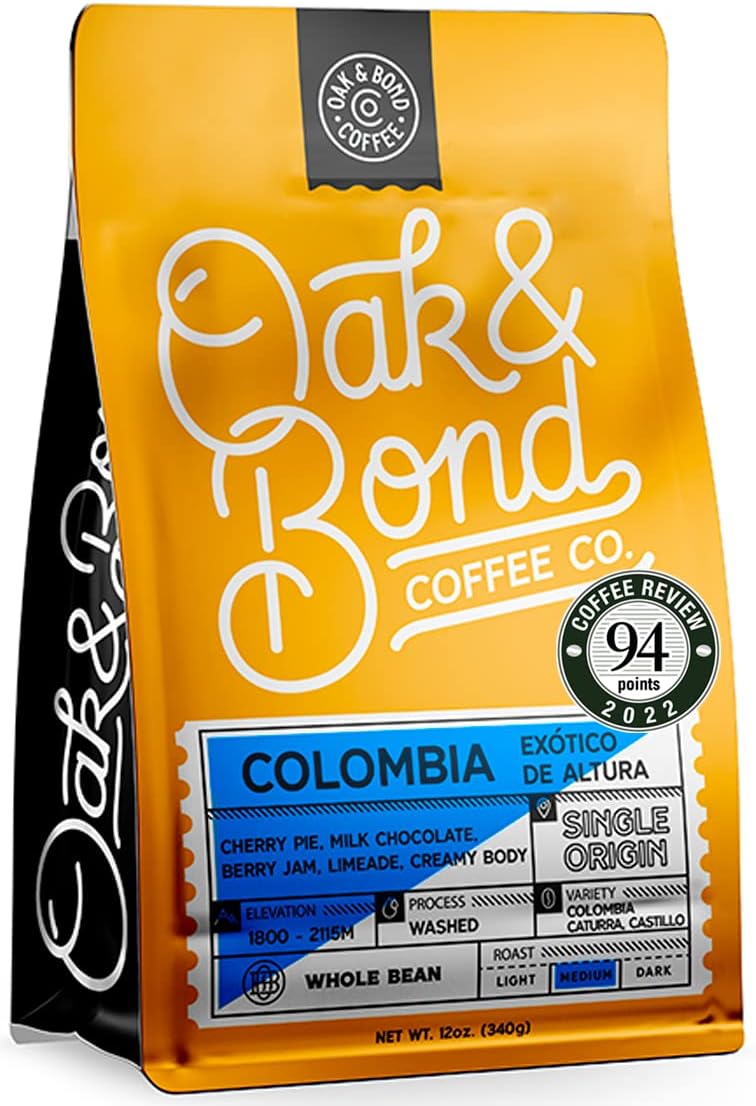 Oak & Bond Coffee Co. Colombia Single Origin Coffee, Medium Roast, 100% Arabica, Whole Bean -12 oz. Bag