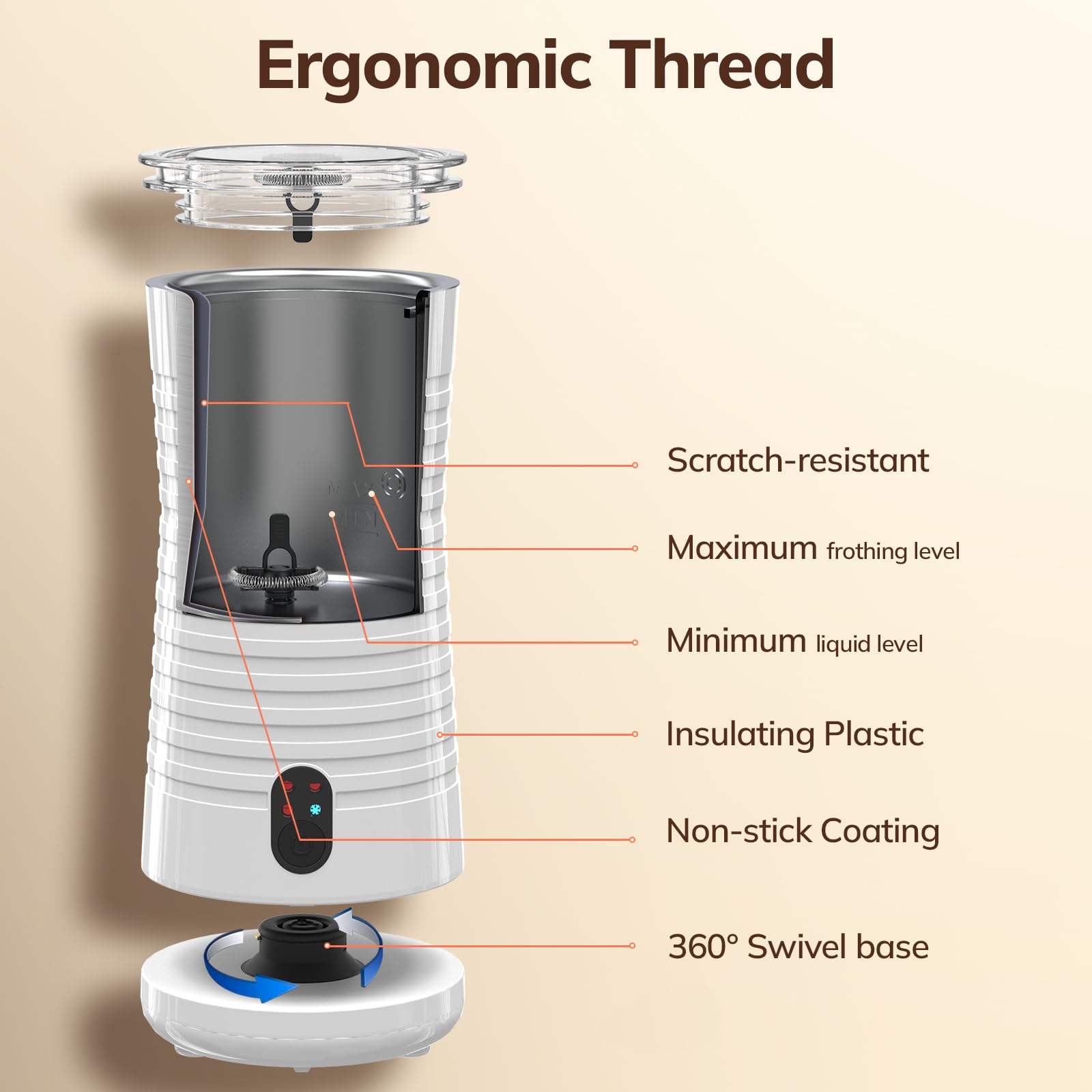 morpilot - Espumador de leche eléctrico 4 en 1, calentador y espumador de leche caliente y fría, 240 ml, 400 W, controles de temperatura Strix, funcionamiento silencioso, para café, capuchino, blanco