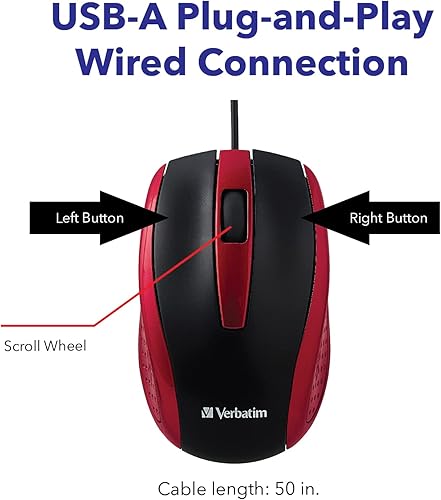 Miniatura 23 de Verbatim Computadora con cable, mouse USB con cable para portátiles y PC, uso a mano derecha o izquierda, color negro Negro