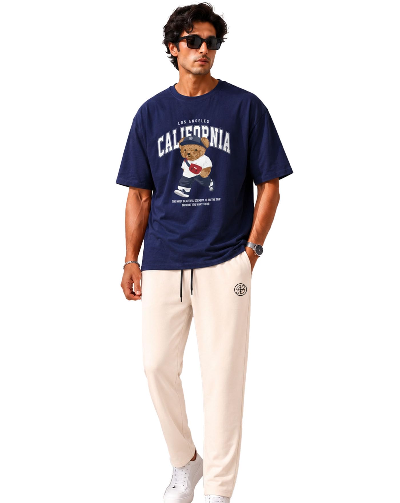 Trendy Clothing Set with Oversized Graphic T-Shirt & Track Pants Co-Ord Set for Men | Cotton Blend Casual Wear Outift Set for Men-image-11