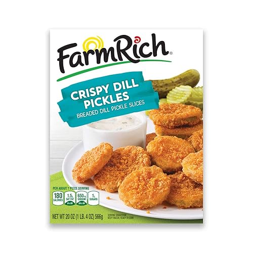 Farm Rich Eneldo frito crujiente, rebanadas de pepinillo de eneldo empanado con un empanado ligeramente sazonado, congelado, 20 onzas