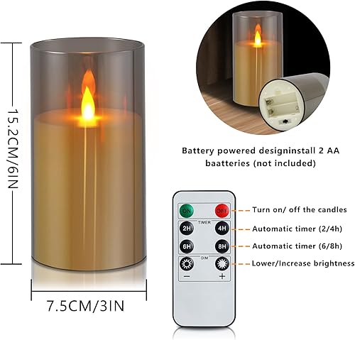 Vista 3 de wenary - Juego de 12 velas LED, con control remoto y temporizador, a pilas, pilares acrílicos de 6 x 3 pulgadas, efecto parpadeante, luz gris