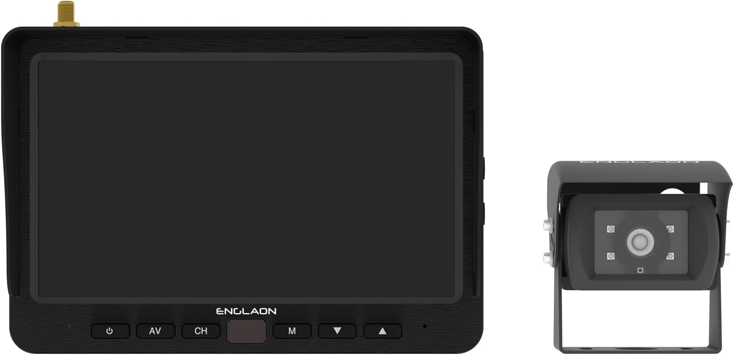 ഫ്രണ്ട് view of the ENGLAON 7-inch wireless monitor and the compact wireless camera.