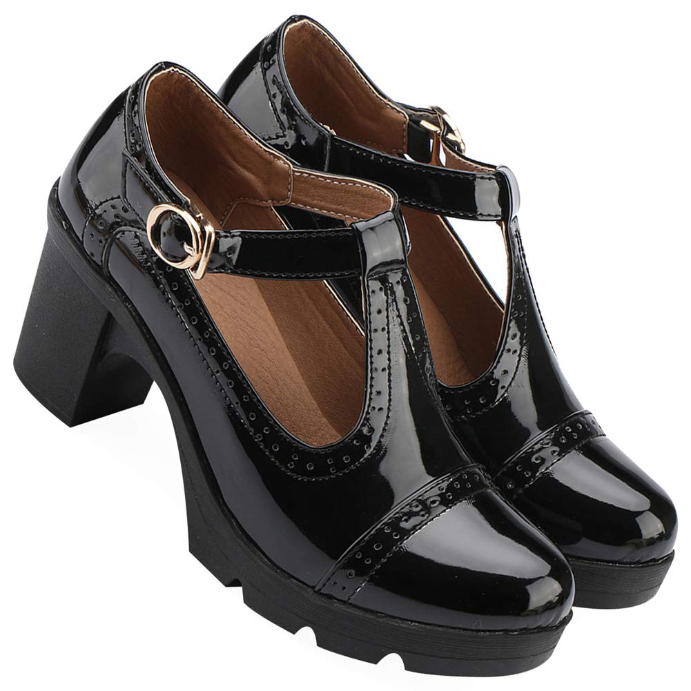 ANUFER Mujer Medio Tacón Grueso Mary Janes Brogue Bombas | Correa en T Ajustable, Cuero Sintético, Uniforme Oficina Zapatos de Vestir
