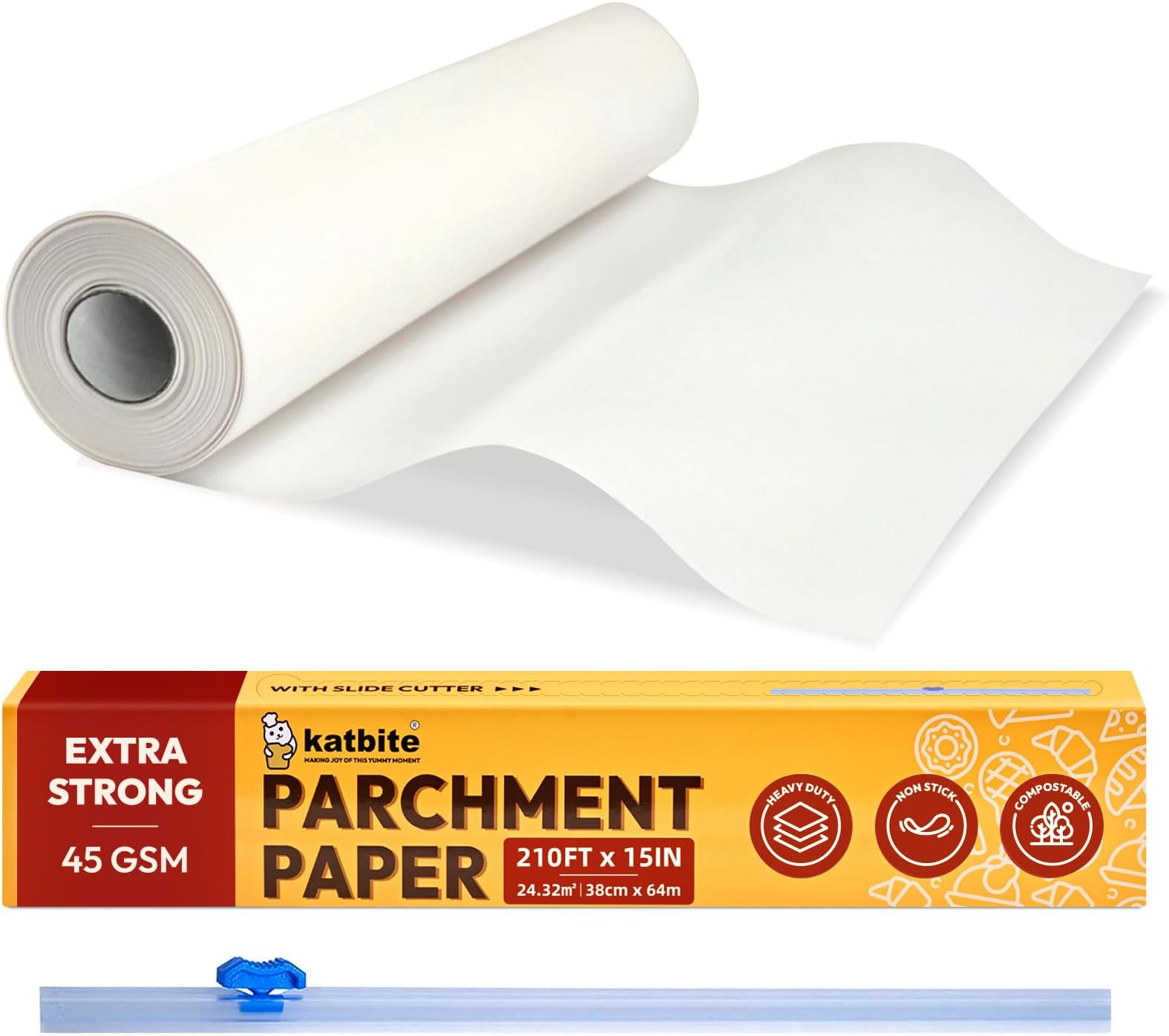 Katbite Parchment Paper Heavy Duty White Baking Parchment Roll, 38CM x 64M, Non Stick Baking Paper Roll for Baking, Cooking, Freezing, for Oven, Kitchen, Air Fryer, Freezer, Pastry