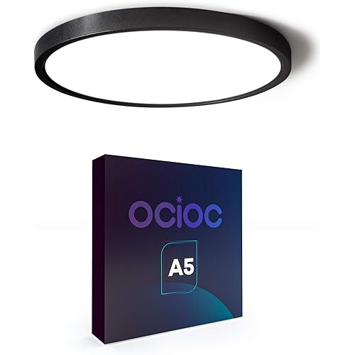 Ocioc 12inch LED Flush Mount Ceiling Light Black, 5000K, Ultra Thin Round Lighting Fixture Ceiling Lights for Bedroom, Office, Hallway, Kitchen, Stairwells 24W ETL Listed