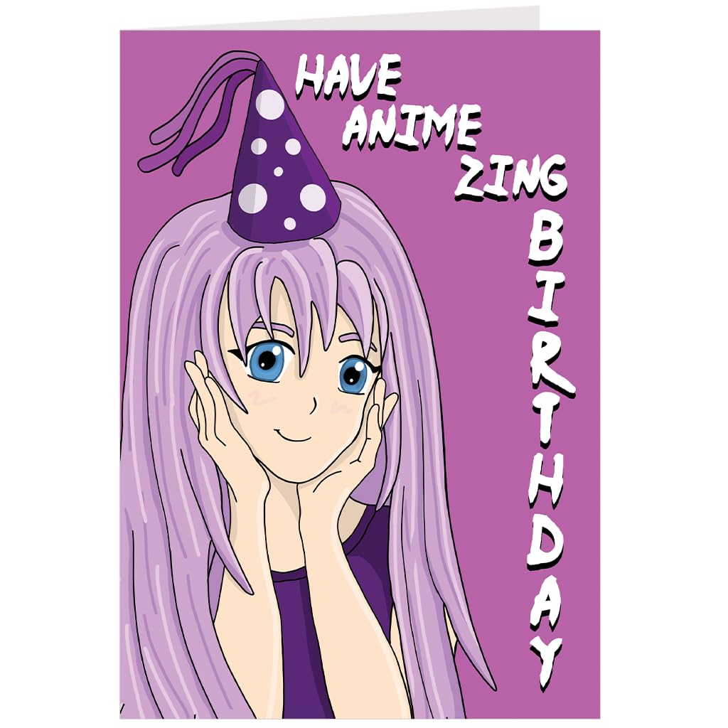 Anime Birthday Card for Girls & Teens – Cute Kawaii Purple Anime Girl with Party Hat – Fun Anime-Zing Pun – Blank Inside – A6 Greeting Card with Envelope