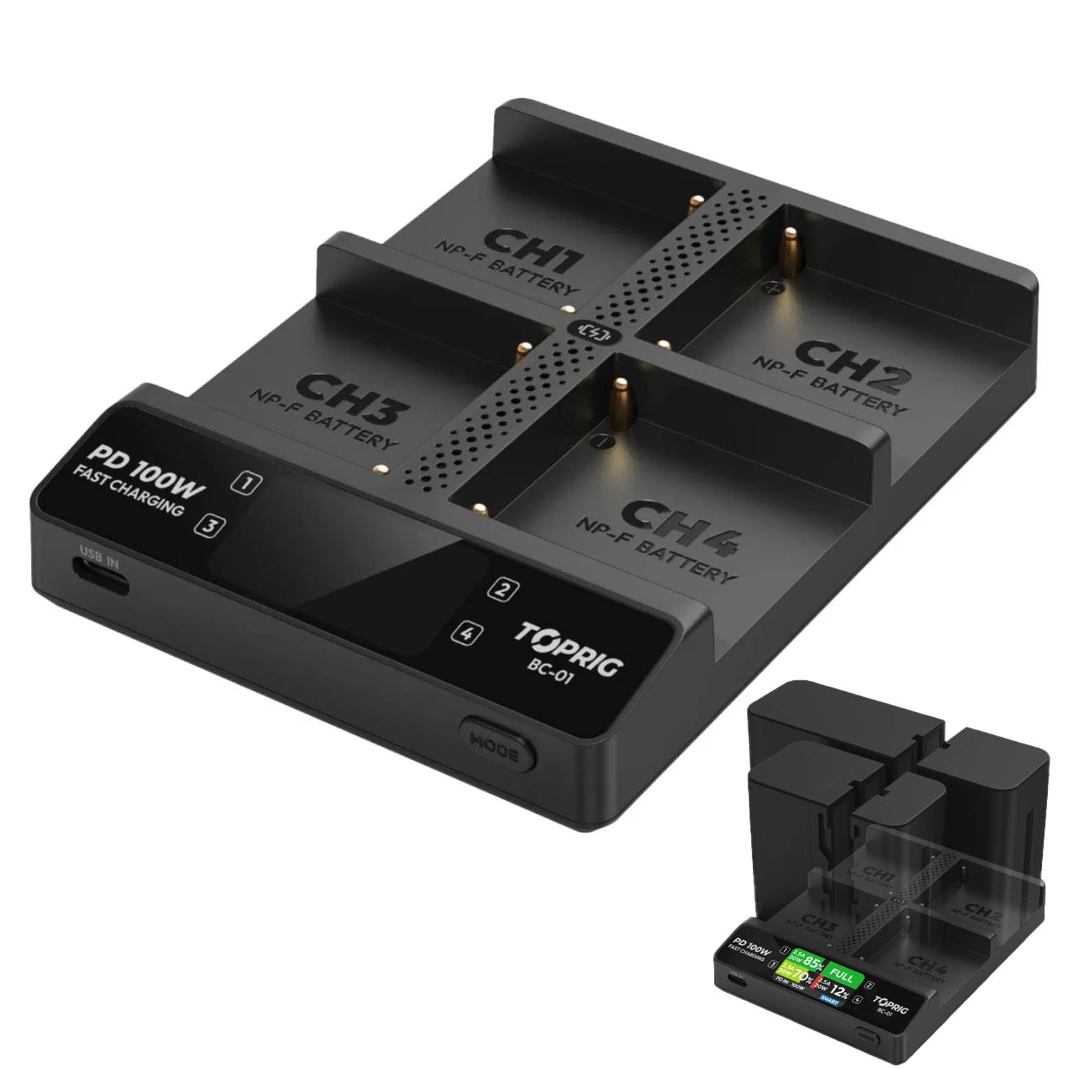Caricabatterie BC-01 NP-F A 4 Canali, USB-C PD 100W, Display LCD, Compatibile Con Sony NP-F550/F750/F970