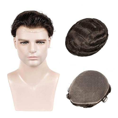 Amiable Extensiones de cabello humano europeo tipo tupé de encaje completo para hombre con nudo blanqueado suave de densidad media, color marrón