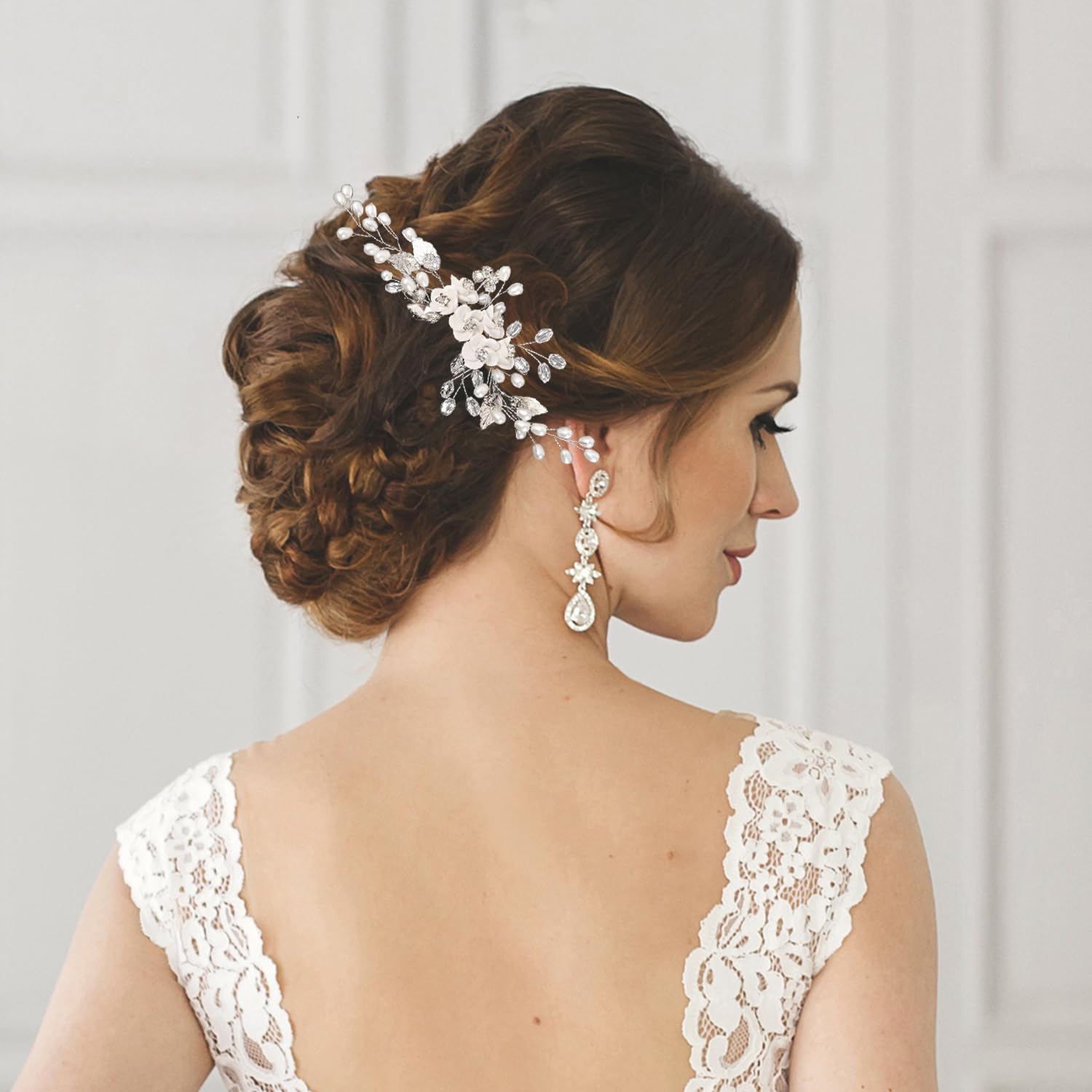 Wedding Hair Accessories for Bride Silver Flower Leaf Hair Comb, Crystal Beaded Side Comb for Women and Girls - Image 4