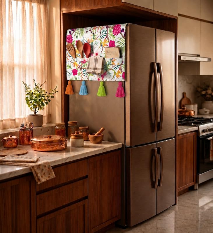 Image of Four Door Fridge Cover 400+L | 450 GSM Durable Fridge Top Cover with Tassels & Pockets | Fits Godrej, LG, Haier, Samsung Models | Dustproof Refrigerator Cover in Floral | WWW.THROWPILLOW.IN