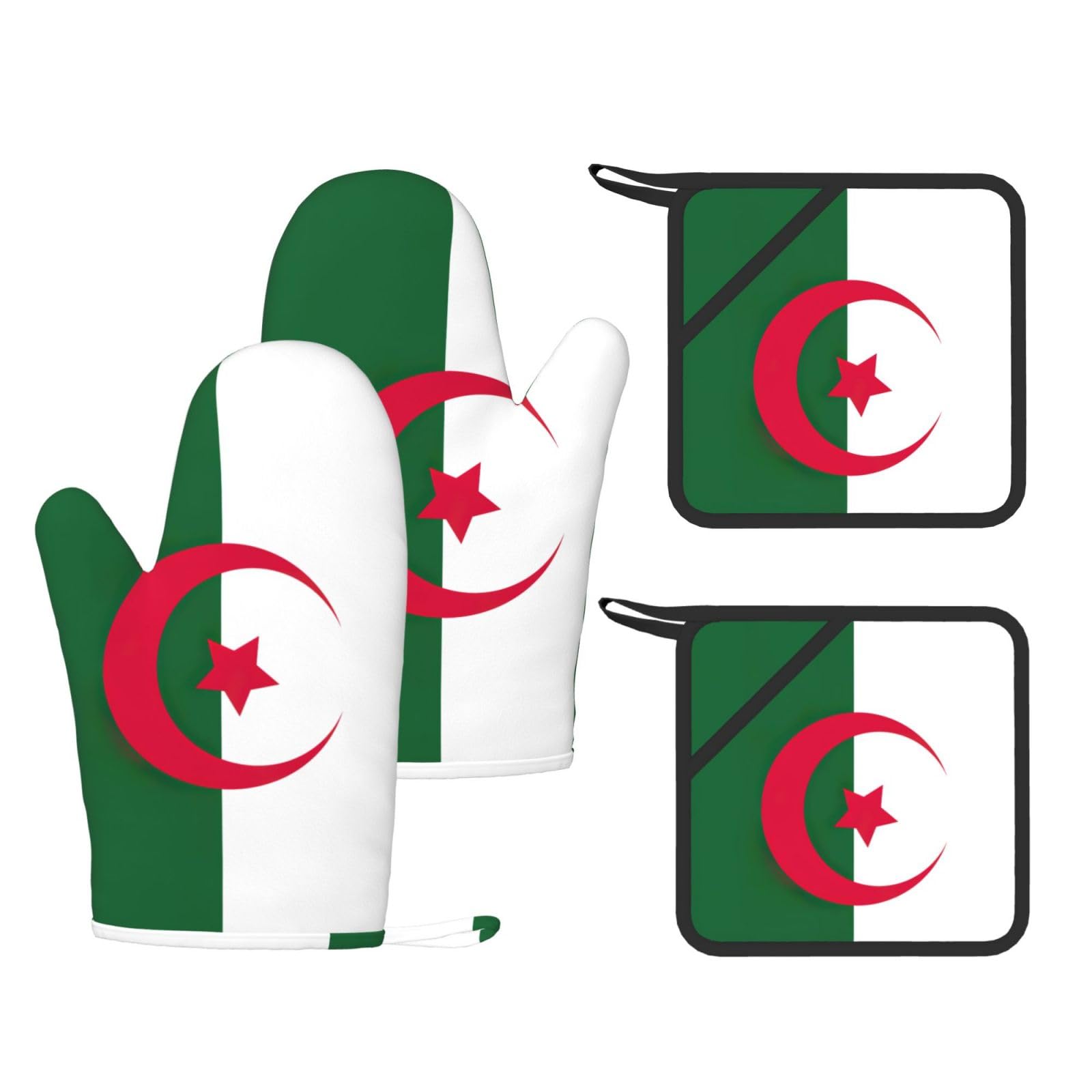 Flag of Algeria Printed Kitchen Oven Gloves and Potholder 4 Pcs, Non-Slip Heat Resistant Mitts for Baking Chef