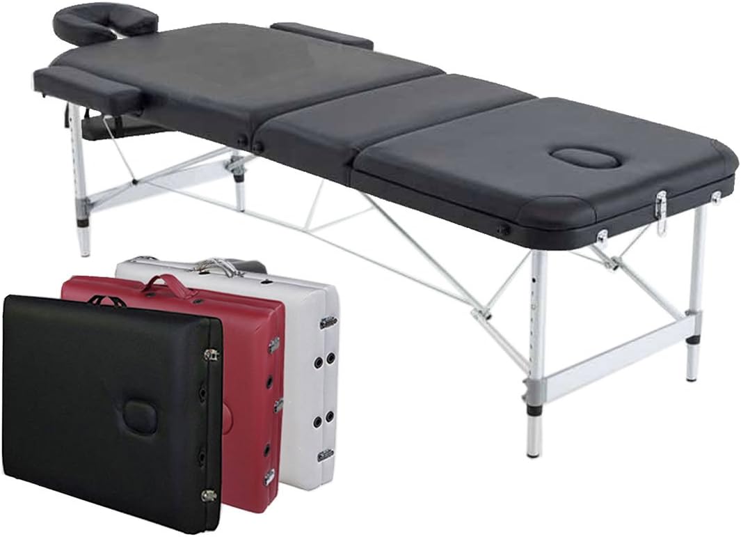 ANGEL USA 3-Section Aluminum 84"L Portable Massage Table Facial SPA Bed Tattoo w/Free Carry Case (BLACK)
