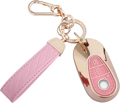for Mercedes Benz Key Fob Cover, 4 Buttons Soft TPU Keys Protector Bling Key Fob Keychain for EQE350 S580 C300 C-Class S-Class G-Class E-Class 2020-2024, Gold Pink