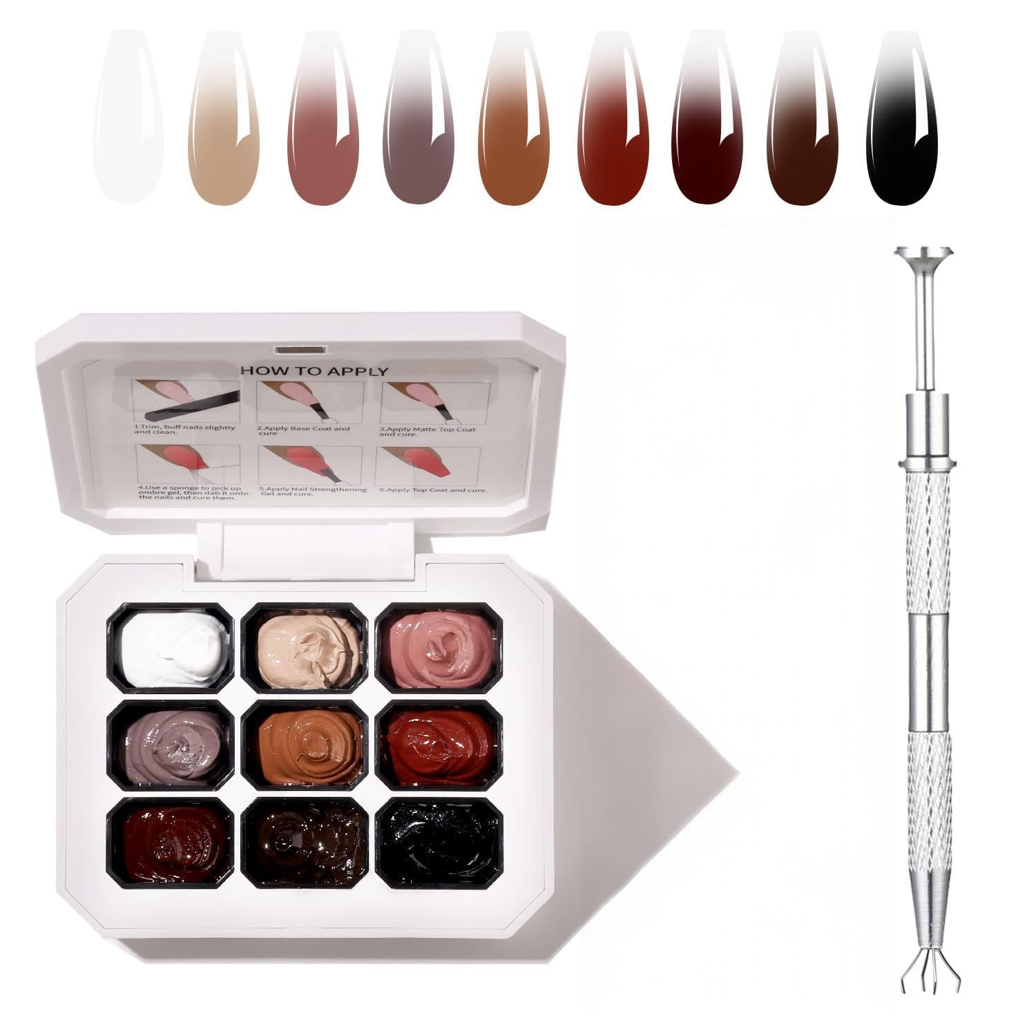 Ombre Gel Nail Polish Kit for Gradient Nail Art, 9 Colorful Blush Effect for DIY French Manicure, Multistyle Pat Painting Tools for Professional & Home Gel Polish Nail