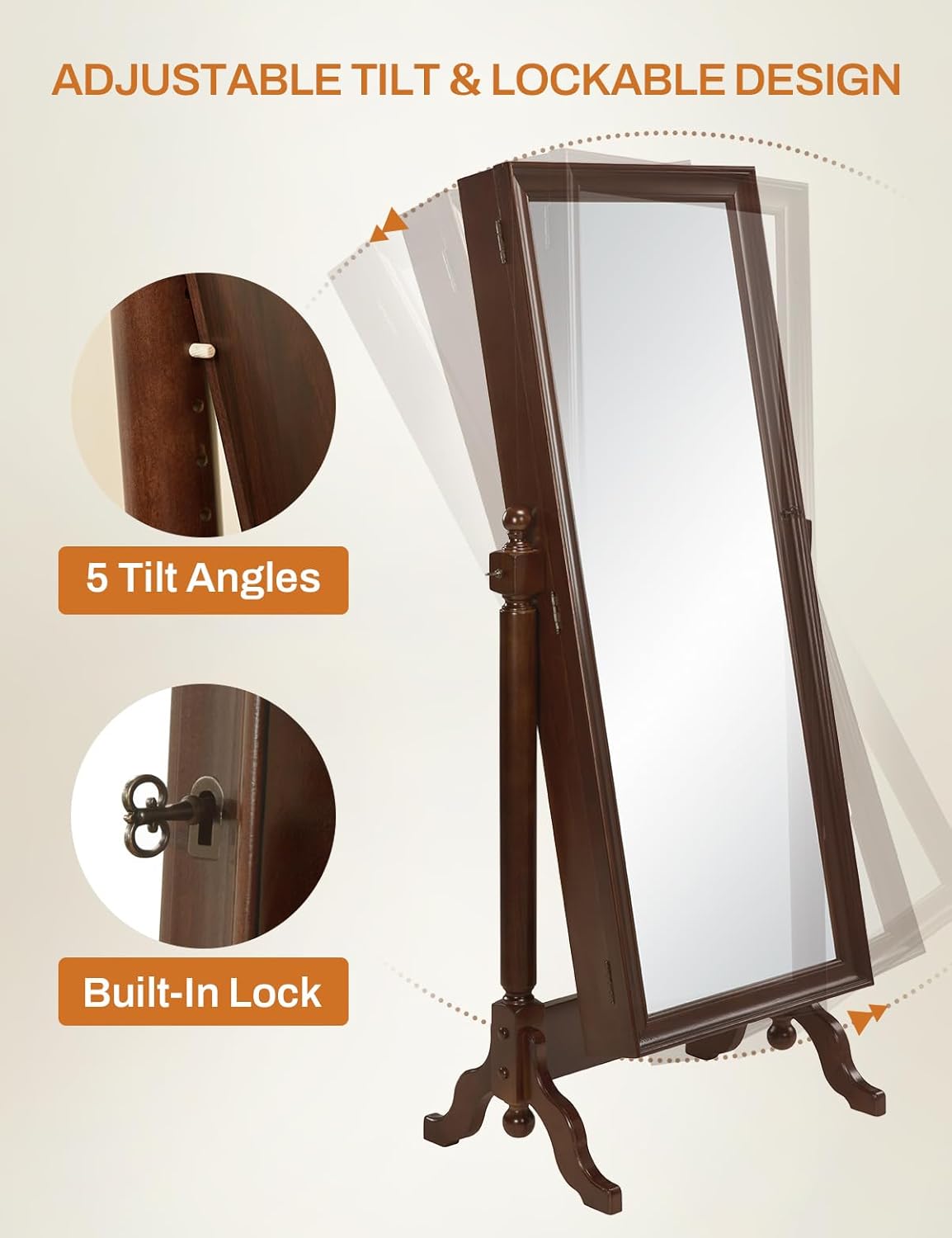 Jewelry Armoire Cabinet Standing Full Length Mirror with Storage, Lockable 5 Adjustable Angles, Jewelry Mirror Cabinet Standing Women (Walnut, 17.56 "D x 26.26" W x 61.53 "H)