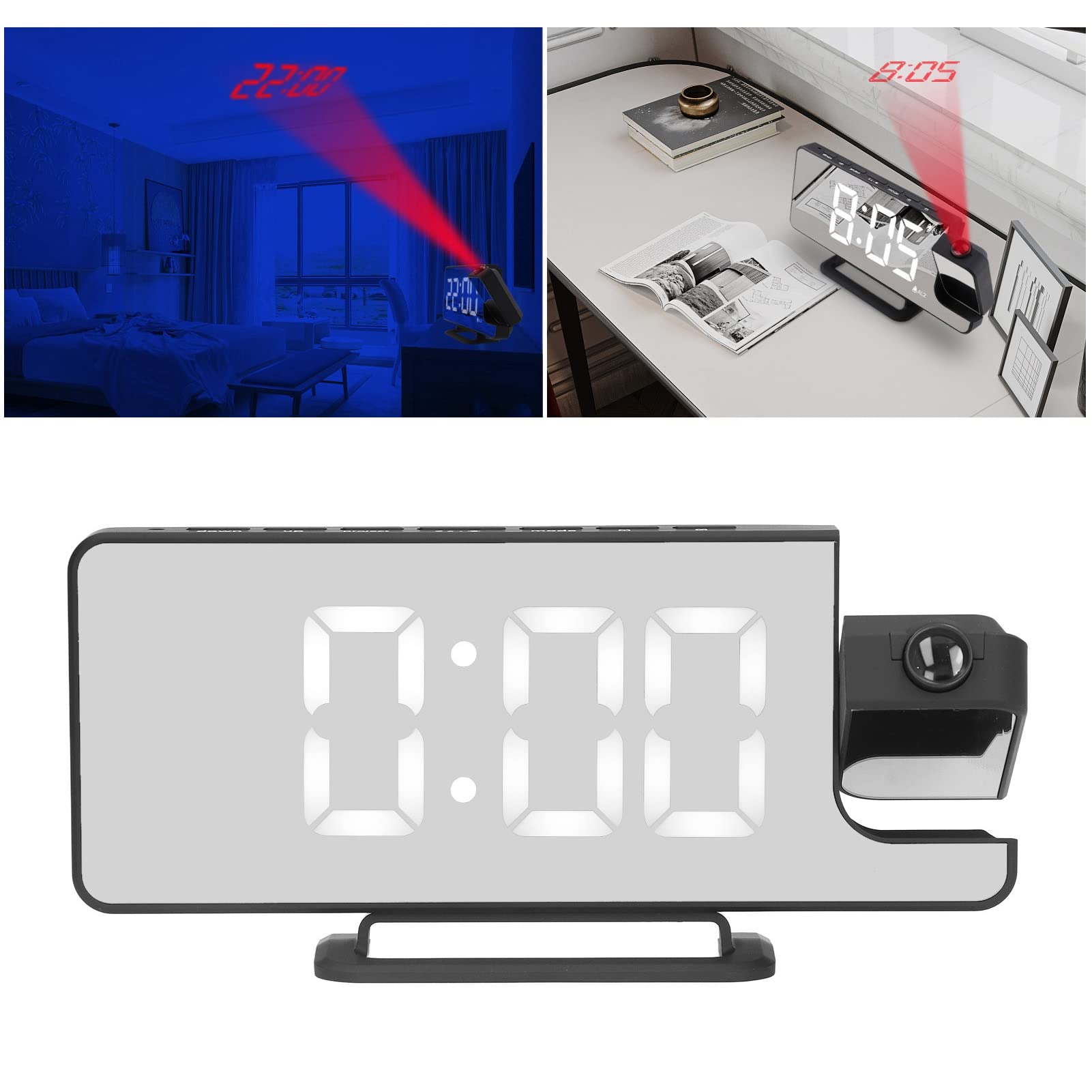 Sveglia a proiezione, Sveglia Digitale a Specchio con 6 Ingranaggi Luminosi LED da Comodino Ricaricabile per Camera da Letto