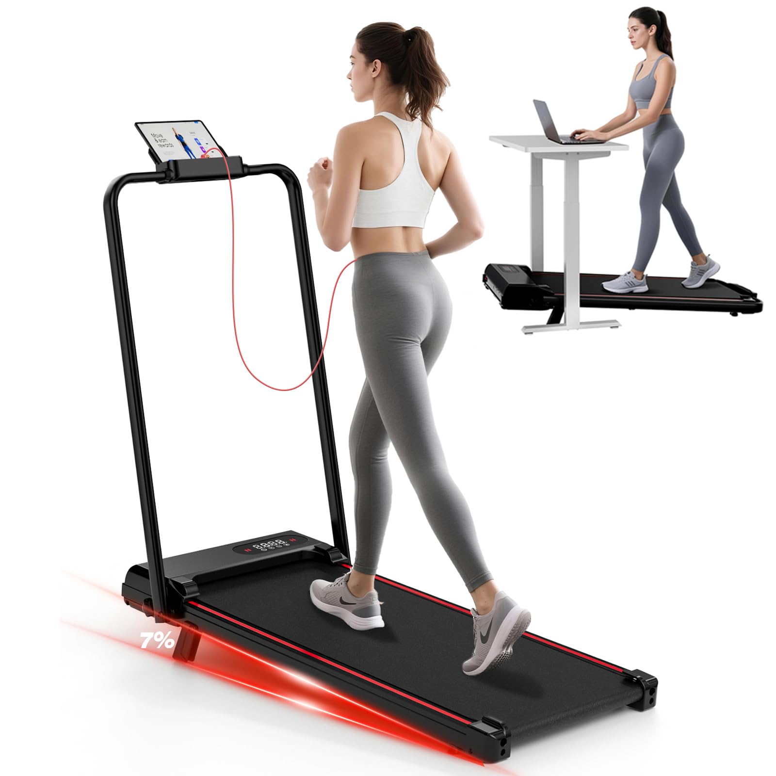 Homefitnesscode Składana Bieżnia Domowa z Nachyleniem, 3 w 1 Elektryczny Walking Pad, 1–8 km/h, Kompaktowa i poręczna Bieżnia pod biurkiem z Wyświetlaczem LED i Pilotem, Nośność 130 kg