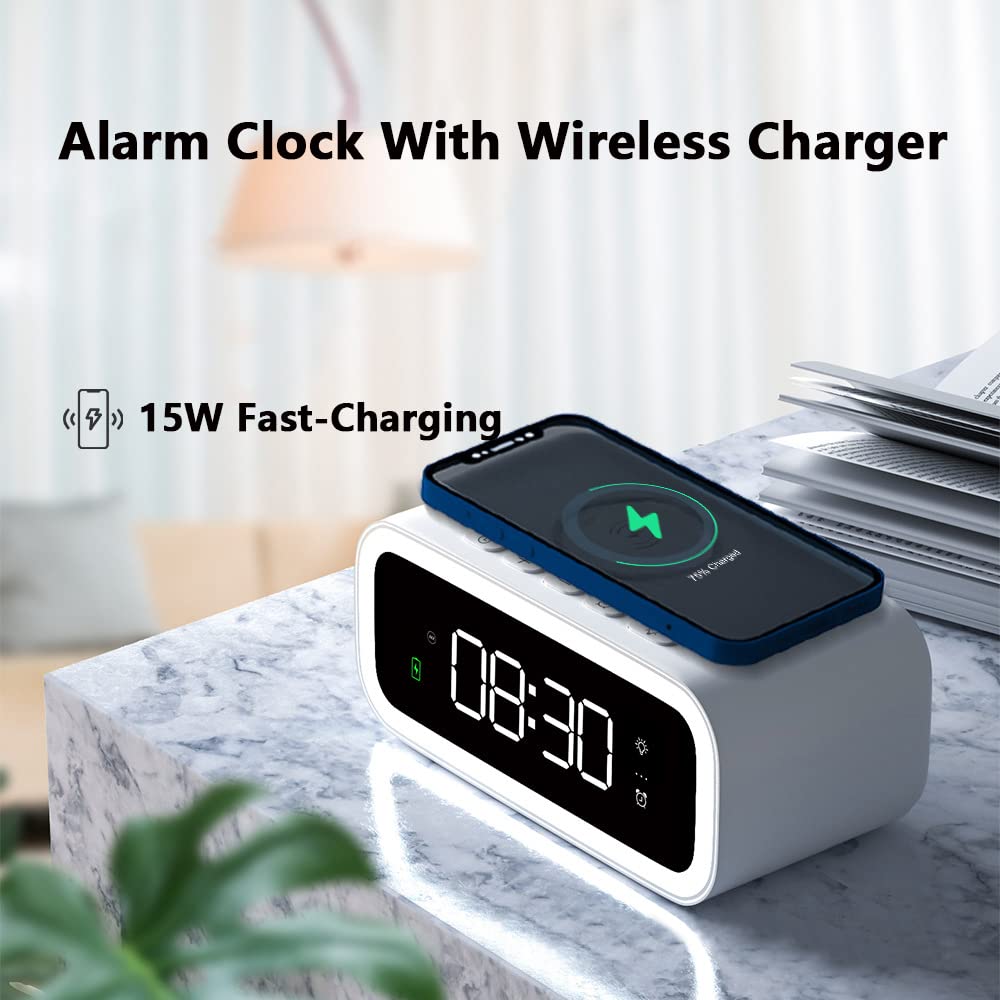 Riloer Despertador con cargador inalámbrico, radio despertador con cargador USB, Carga rápida de 15 W