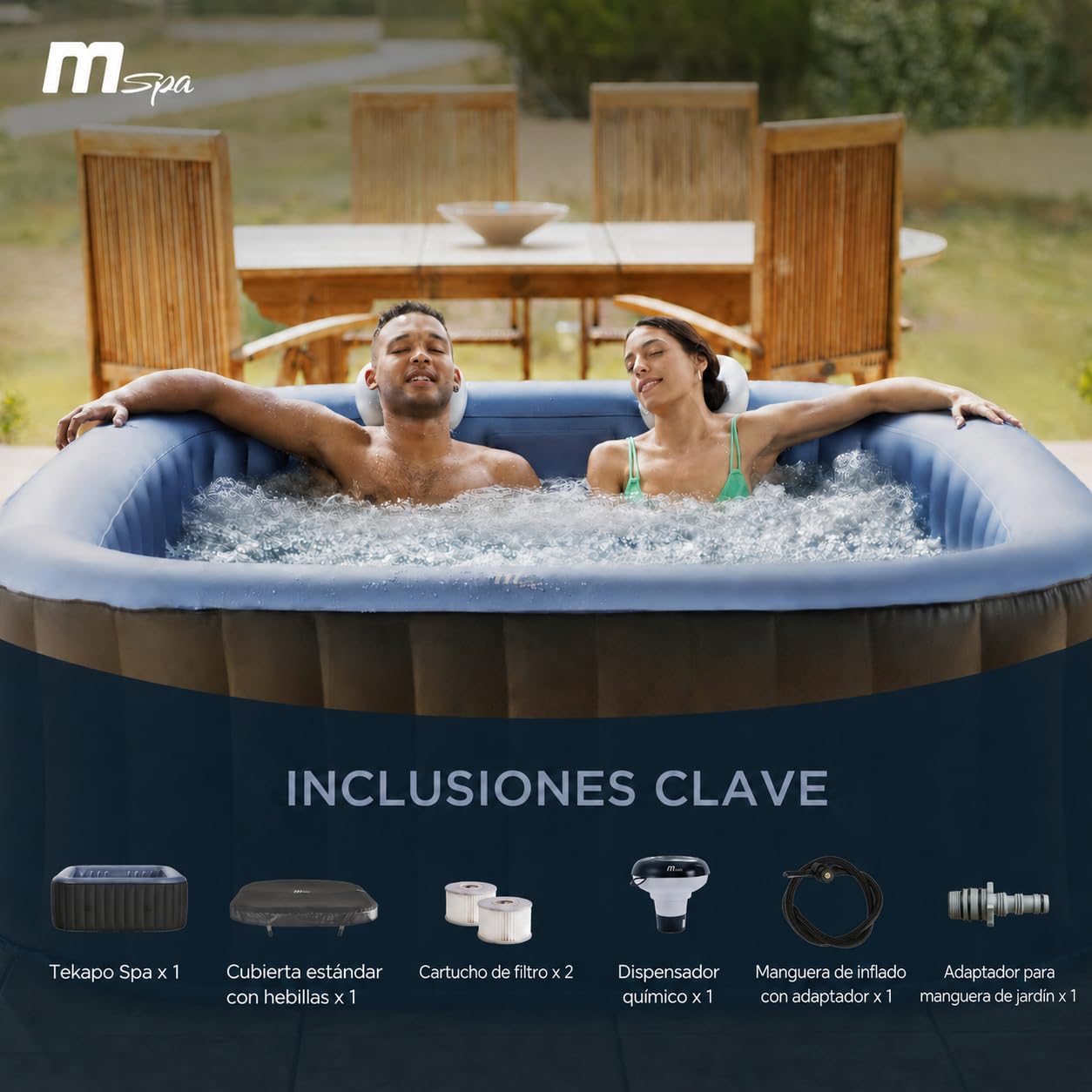 MSpa Tekapo SPA Hinchable Cuadrado 4 Personas con hidromasaje Air Jet, calefacción, filtración Inteligente, ozono y desinfección UVC