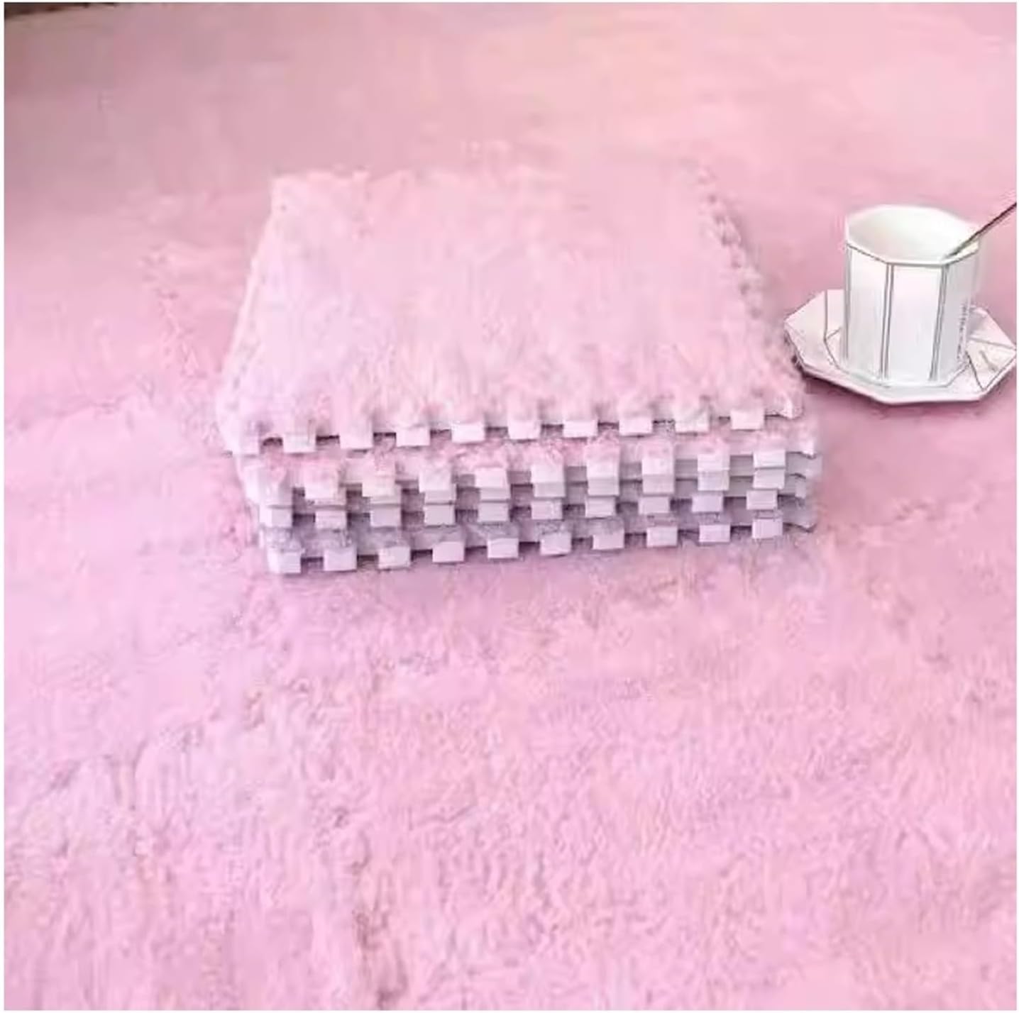 10 Pcs Thickened Plush Interlocking Floor Mat Thick- Fluffy Square Tiles with Edgings Soft Anti-Slip Puzzle Area Rug Playmat for Room(Pink,24pcs)