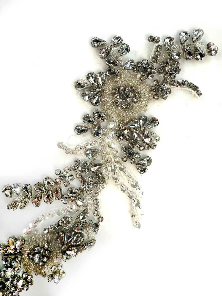 2PCS Rhinestones Beaded Shiny Applique patchs,Flowers 3D Beading Applique for Clothing,Wedding Dress,Prom Dress and Other DIY Project Decoration 13.3 * 5.5 in (Silver)