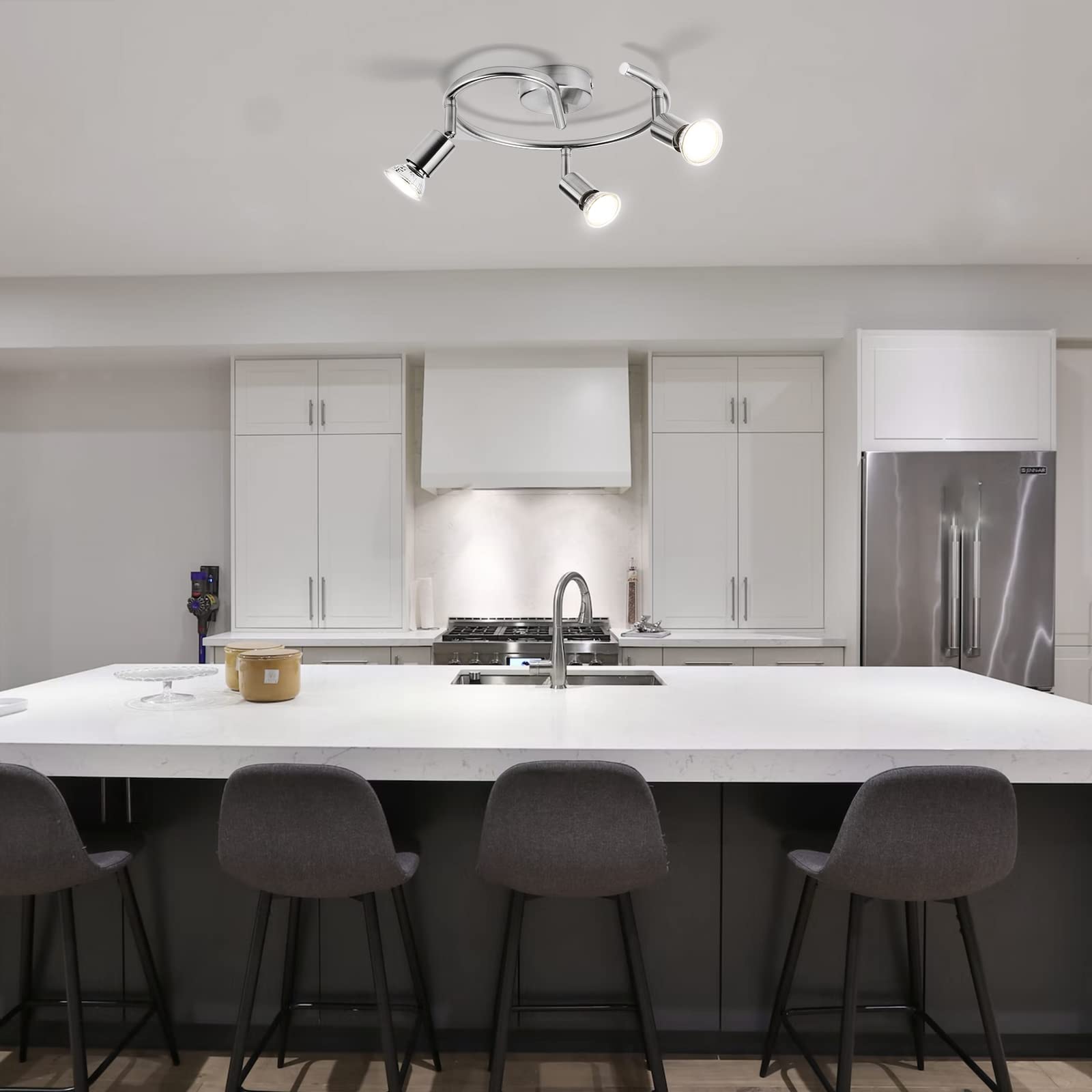 Bojim Lampara de Techo LED con 3 Focos, Aplique Comedor Interior Orientable Light, incl. 3 X 6W GU10 Blanco Natural Luces Lámpara, Luz Barra Pared Plafon Ceiling para Baño Pasillo Cocina, Níquel Mate