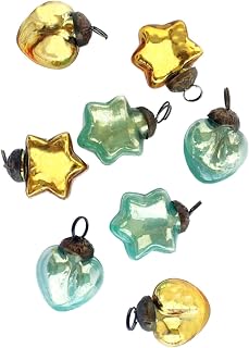 The Bridge Collection 1.25" Gold & Turqoise Mercury Glass Christmas Ornaments - Set of 8 Heart & Star Ornaments Made from Recycled Glass - Eco-Friendly Gold & Mint Ornament Set
