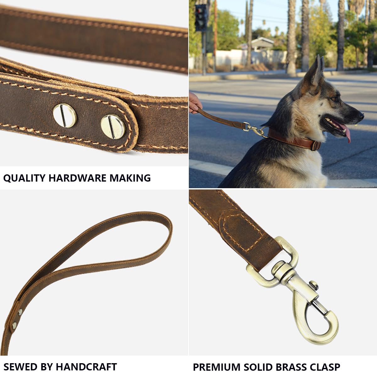 Correa de Perro de Cuero Genuino, 4 ft Correa de Entrenamiento para Perros Hecha a Mano, Duradero Cuerda para Mascotas con Asa Suave & Mosquetón de Latón para Perros Pequeños y Medianos Brown