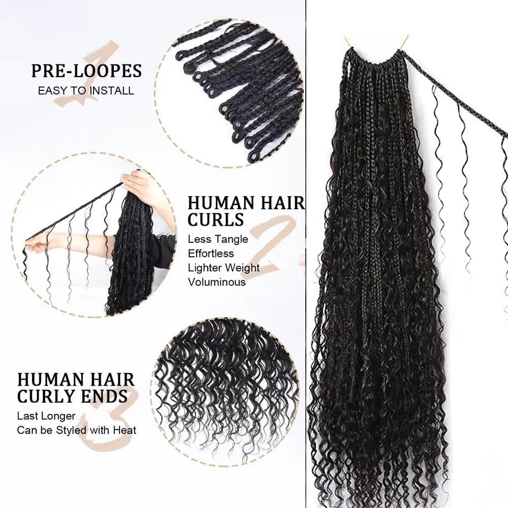 Crochet Boho Box Braids With Human Hair Pre Looped Hair Goddess Box Braids With Human Hair Curly Full Ends Hair Extensions For Women Natural Black Color 14inch 3 Pack(120 Strands)