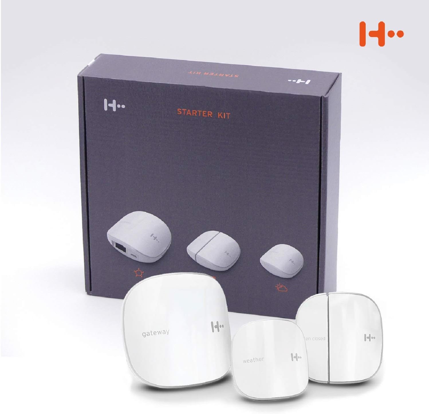 H2 Smart Home Starter Kit packaging with gateway, weather sensor, and open/closed sensor displayed outside the box.