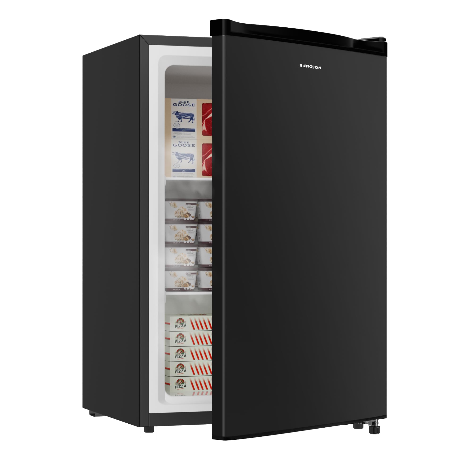 BANGSON 3.0 Cu.ft Compact Upright Freezer, Energy-Saving Mini Freezer with Adjustable Thermostat, Removable Shelves, Reversible Black Door, Ideal for Garage/Dorm/Office/Apartment, Black