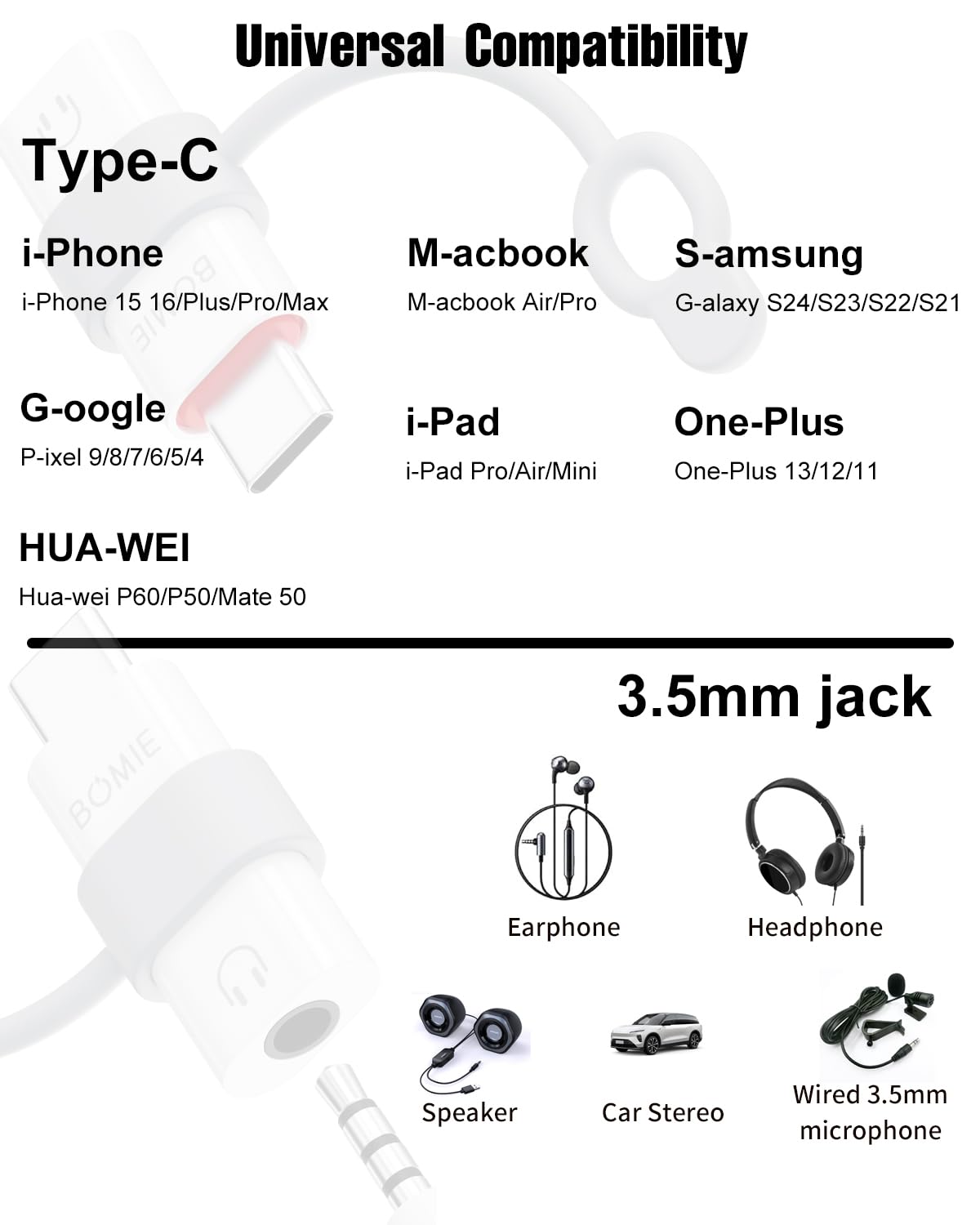 BOMIE Adattatore da USB C a jack audio per cuffie da 3,5 mm, confezione da 4 pezzi, chip decodificatore DAC di qualità del suono senza perdite, jack per cuffie da 3,5 mm femmina a tipo c maschio