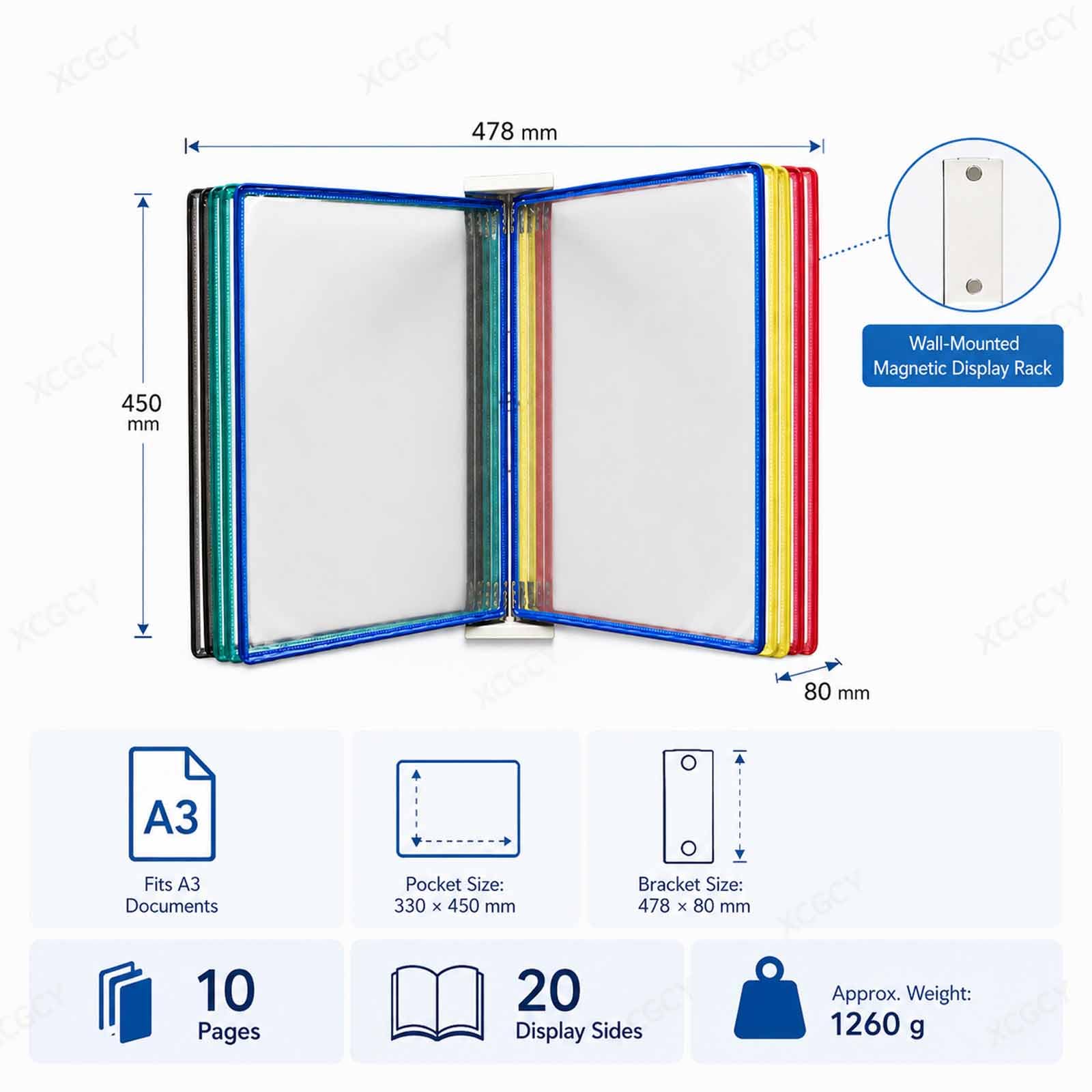 Wiszący Na Ścianie Organizer A3 Z Teczką Z Magnetyczną Podstawą, Ścienny Organizer Na Książki A3, 10 Kieszeni Z Klapką/20 Stron, Organizer 45 × 33 Cm Do Szybkiego Dostępu Do Plików W Biurach I