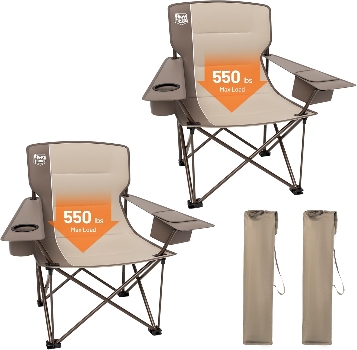 timber ridge oversized folding camping chair for adults, support 550 lbs heavy duty with cup holder side pocket for camp, lawn, picnic, tan, 2 pack tan-2 pack